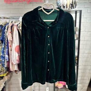 460. Rougel‎ Elegant Green Velvet Women's Button Down Top
